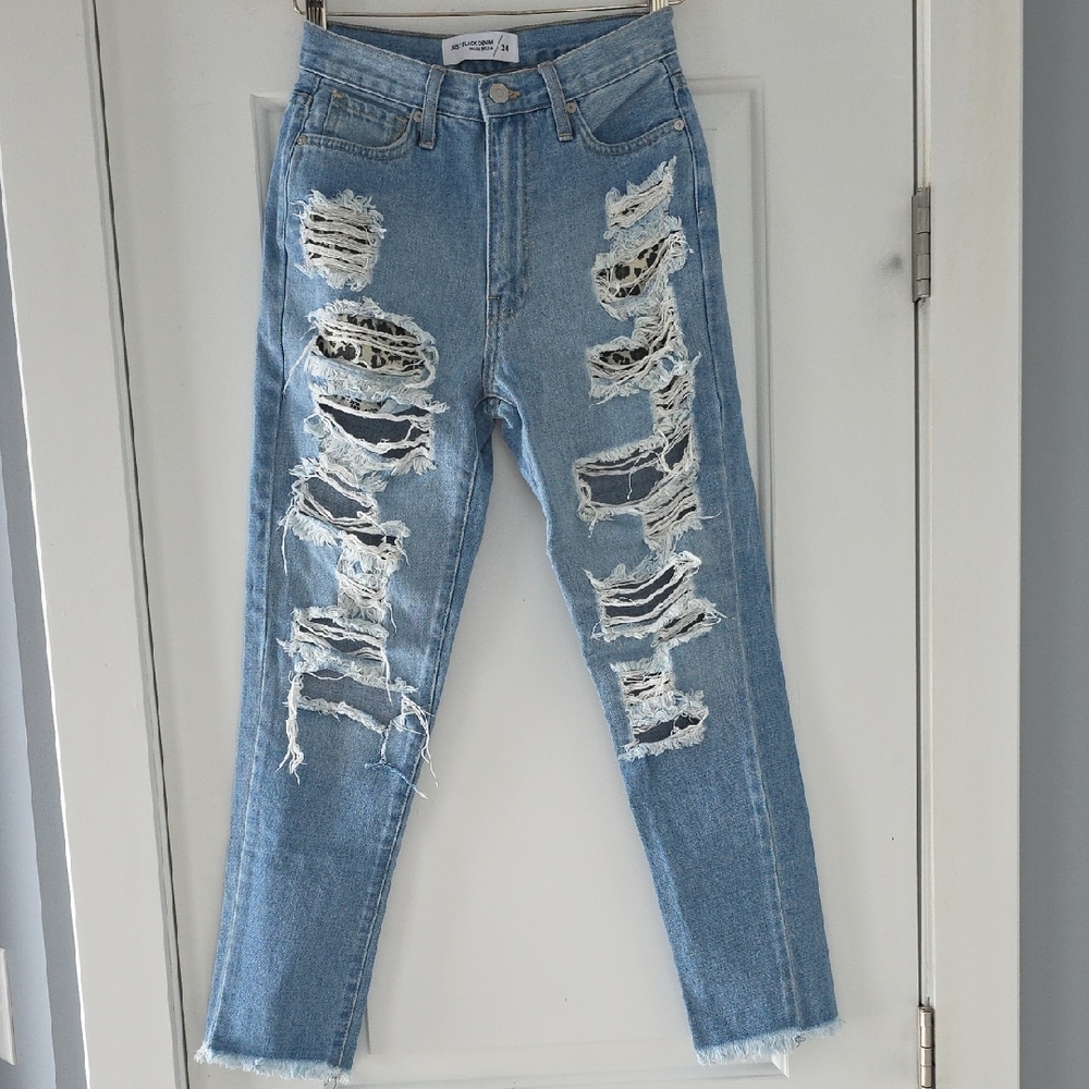 Just Black Denim...Distressed Blue Jeans With Leopard Print Pockets